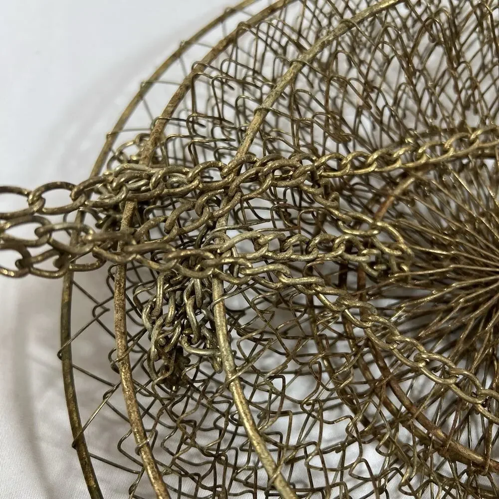 Vintage 3 Tier Distress Brass Gold Patina Metal Hanging Wire Fruit Basket